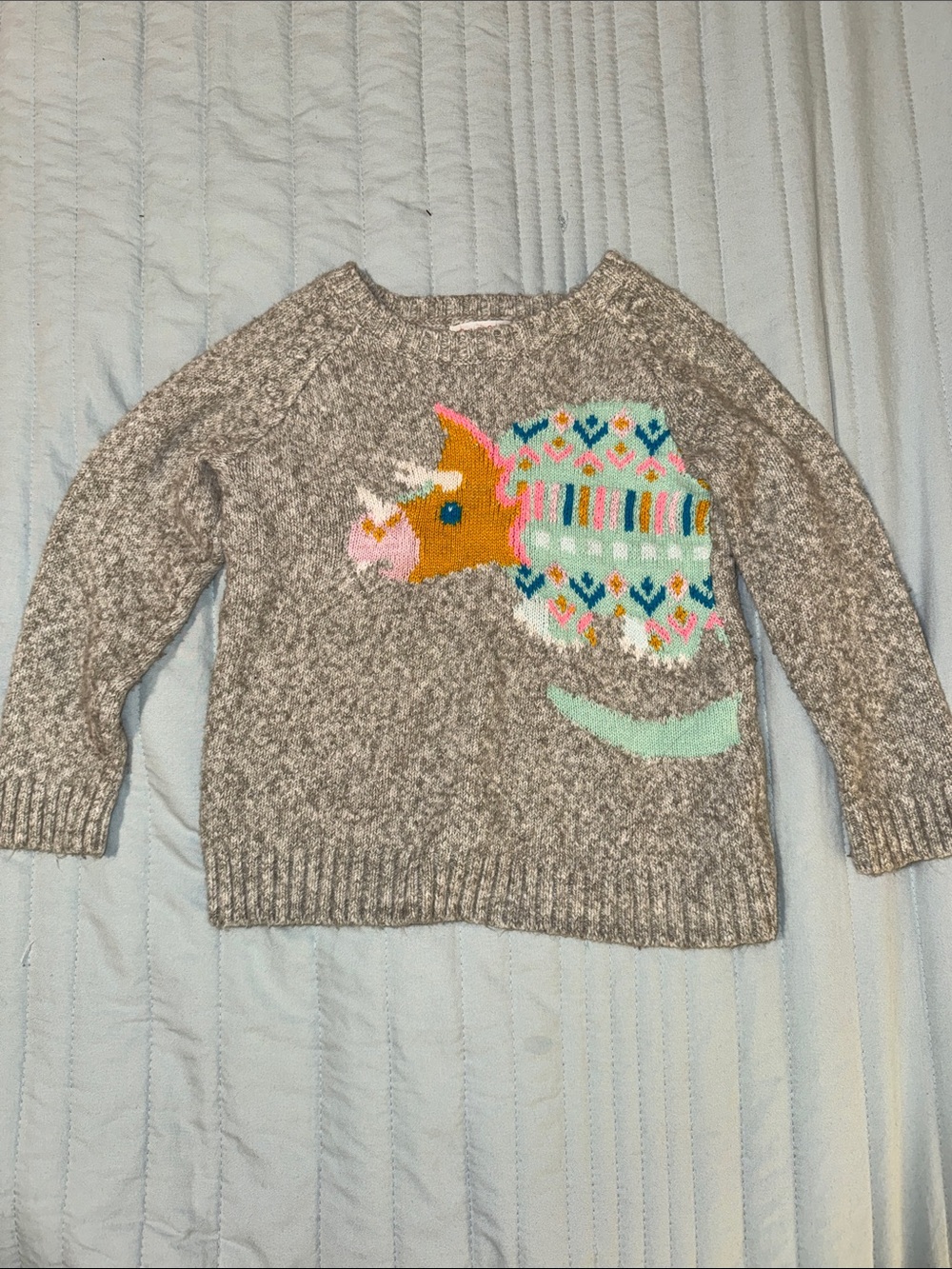 Triceratops Knit Sweater with Faux Shoulder Button Detail